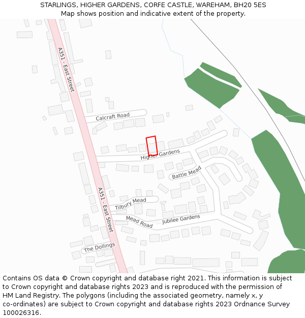 STARLINGS, HIGHER GARDENS, CORFE CASTLE, WAREHAM, BH20 5ES: Location map and indicative extent of plot