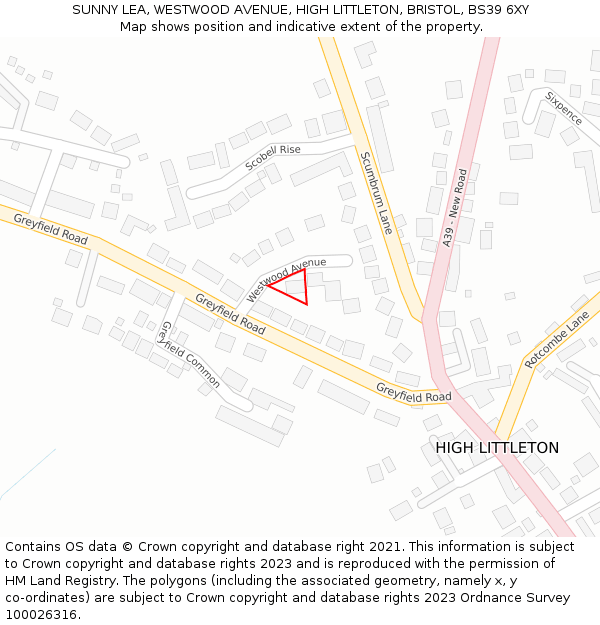 SUNNY LEA, WESTWOOD AVENUE, HIGH LITTLETON, BRISTOL, BS39 6XY: Location map and indicative extent of plot