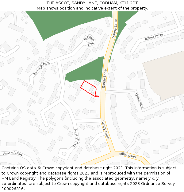 THE ASCOT, SANDY LANE, COBHAM, KT11 2DT: Location map and indicative extent of plot