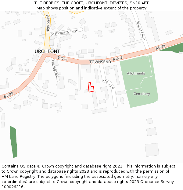 THE BERRIES, THE CROFT, URCHFONT, DEVIZES, SN10 4RT: Location map and indicative extent of plot