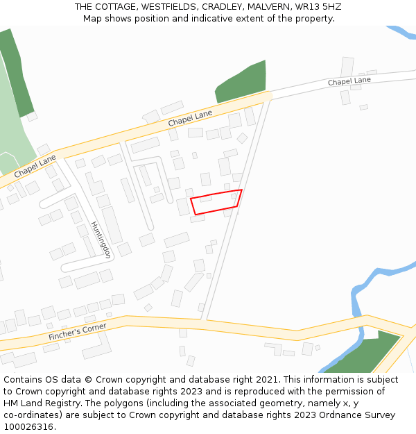 THE COTTAGE, WESTFIELDS, CRADLEY, MALVERN, WR13 5HZ: Location map and indicative extent of plot