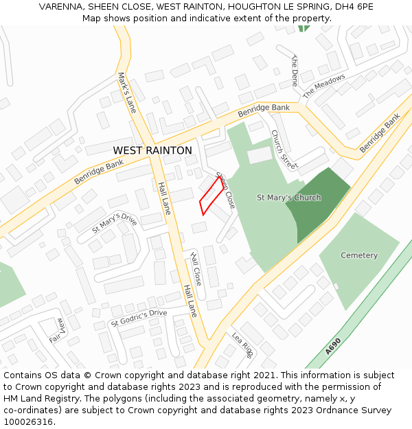 VARENNA, SHEEN CLOSE, WEST RAINTON, HOUGHTON LE SPRING, DH4 6PE: Location map and indicative extent of plot