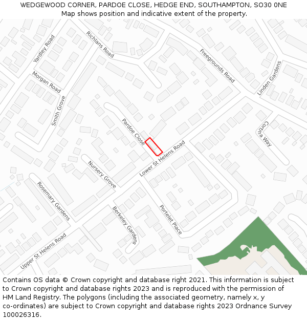 WEDGEWOOD CORNER, PARDOE CLOSE, HEDGE END, SOUTHAMPTON, SO30 0NE: Location map and indicative extent of plot