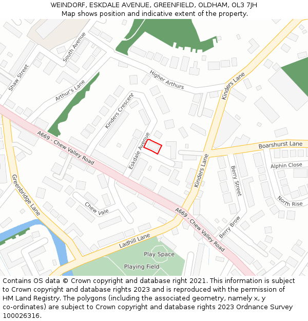 WEINDORF, ESKDALE AVENUE, GREENFIELD, OLDHAM, OL3 7JH: Location map and indicative extent of plot