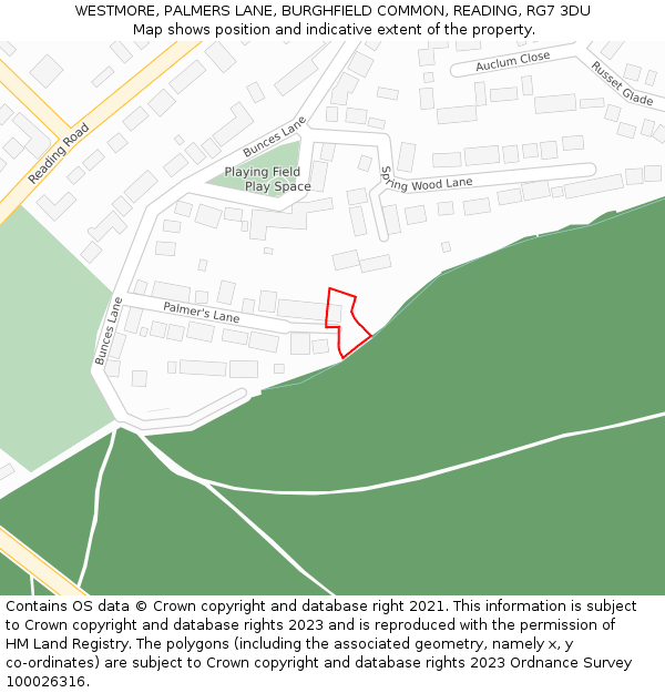 WESTMORE, PALMERS LANE, BURGHFIELD COMMON, READING, RG7 3DU: Location map and indicative extent of plot