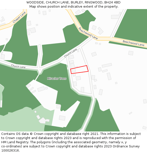 WOODSIDE, CHURCH LANE, BURLEY, RINGWOOD, BH24 4BD: Location map and indicative extent of plot