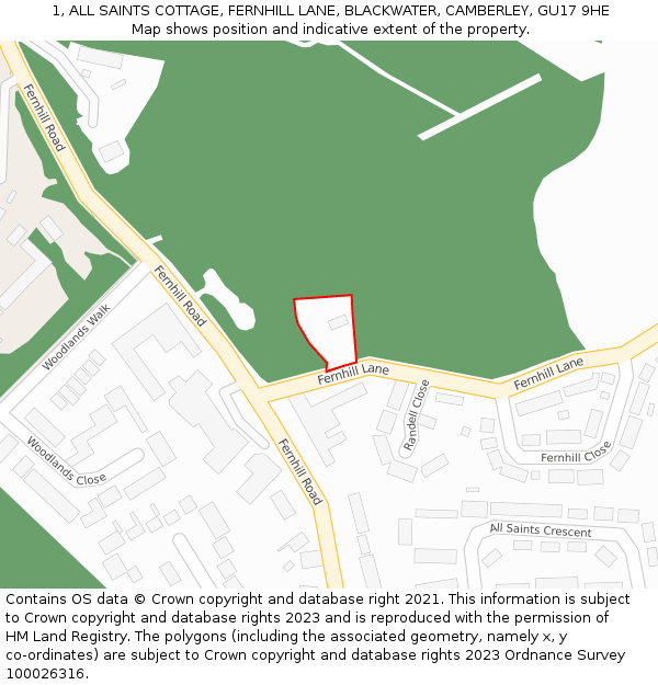 1, ALL SAINTS COTTAGE, FERNHILL LANE, BLACKWATER, CAMBERLEY, GU17 9HE: Location map and indicative extent of plot