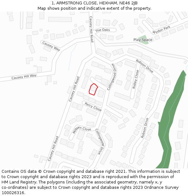 1, ARMSTRONG CLOSE, HEXHAM, NE46 2JB: Location map and indicative extent of plot