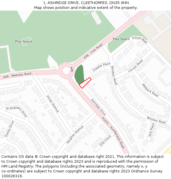 1, ASHRIDGE DRIVE, CLEETHORPES, DN35 9NN: Location map and indicative extent of plot