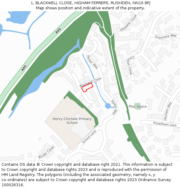 1, BLACKWELL CLOSE, HIGHAM FERRERS, RUSHDEN, NN10 8PJ: Location map and indicative extent of plot