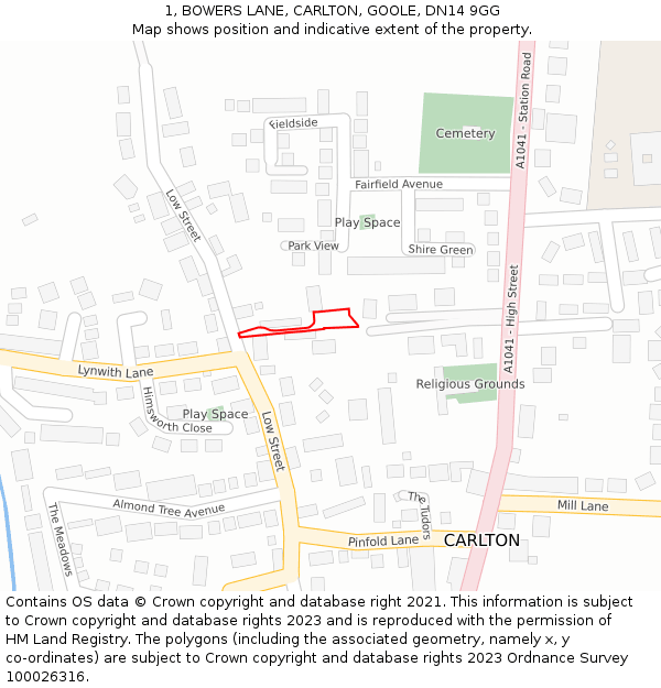 1, BOWERS LANE, CARLTON, GOOLE, DN14 9GG: Location map and indicative extent of plot