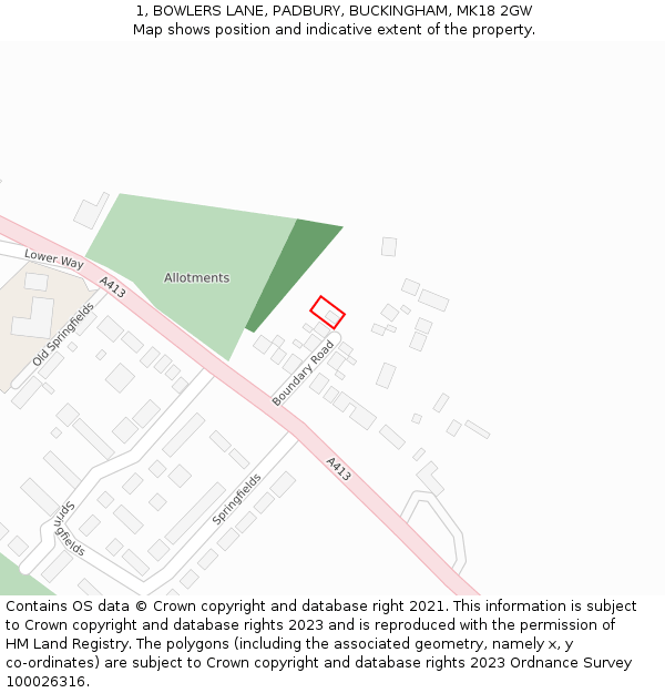 1, BOWLERS LANE, PADBURY, BUCKINGHAM, MK18 2GW: Location map and indicative extent of plot