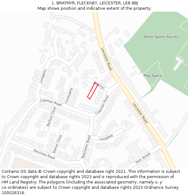 1, BRATMYR, FLECKNEY, LEICESTER, LE8 8BJ: Location map and indicative extent of plot