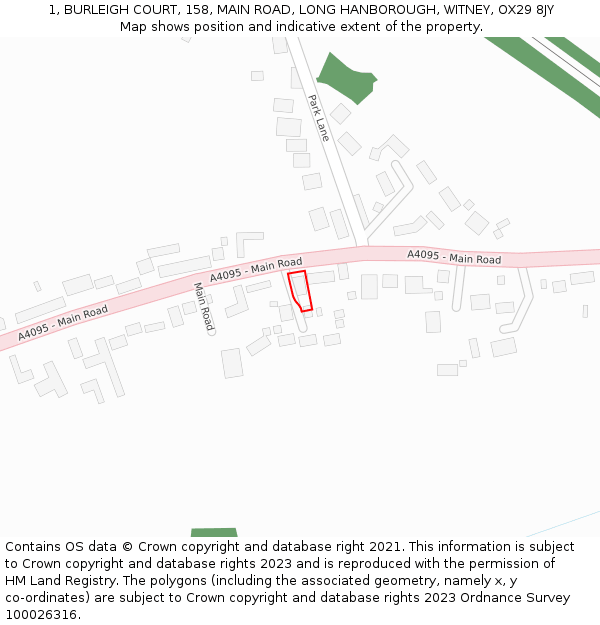 1, BURLEIGH COURT, 158, MAIN ROAD, LONG HANBOROUGH, WITNEY, OX29 8JY: Location map and indicative extent of plot