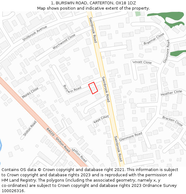 1, BURSWIN ROAD, CARTERTON, OX18 1DZ: Location map and indicative extent of plot