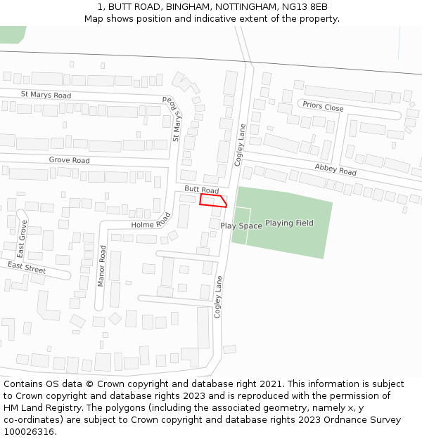 1, BUTT ROAD, BINGHAM, NOTTINGHAM, NG13 8EB: Location map and indicative extent of plot