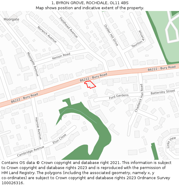 1, BYRON GROVE, ROCHDALE, OL11 4BS: Location map and indicative extent of plot