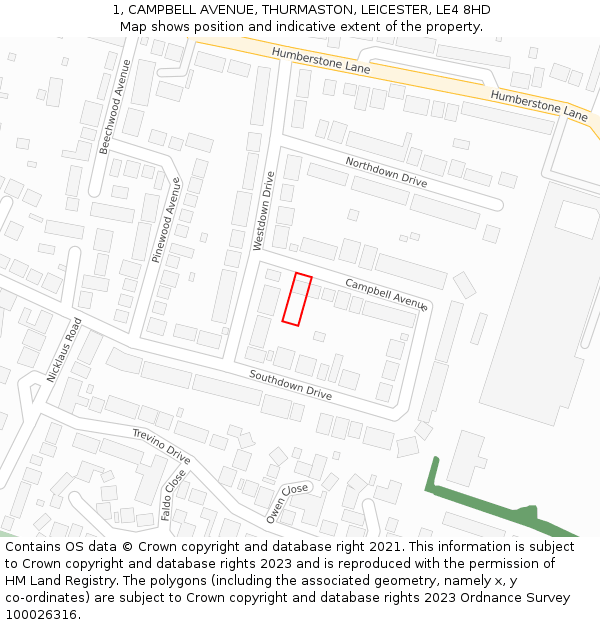 1, CAMPBELL AVENUE, THURMASTON, LEICESTER, LE4 8HD: Location map and indicative extent of plot