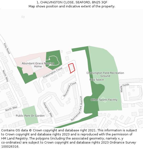 1, CHALVINGTON CLOSE, SEAFORD, BN25 3QF: Location map and indicative extent of plot