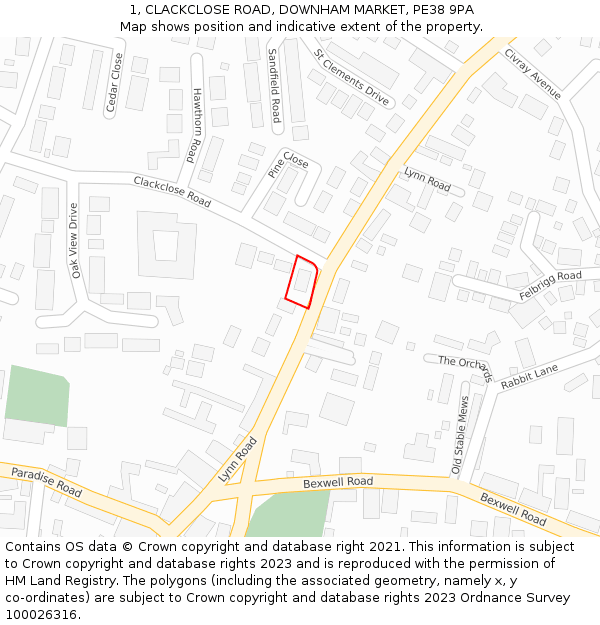 1, CLACKCLOSE ROAD, DOWNHAM MARKET, PE38 9PA: Location map and indicative extent of plot