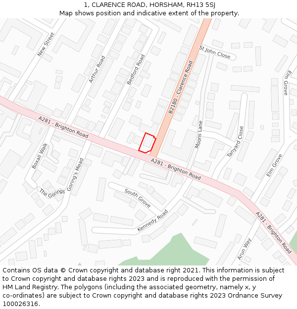 1, CLARENCE ROAD, HORSHAM, RH13 5SJ: Location map and indicative extent of plot