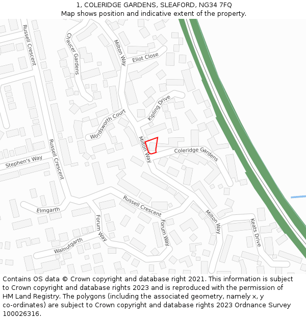 1, COLERIDGE GARDENS, SLEAFORD, NG34 7FQ: Location map and indicative extent of plot