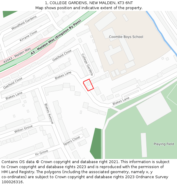 1, COLLEGE GARDENS, NEW MALDEN, KT3 6NT: Location map and indicative extent of plot