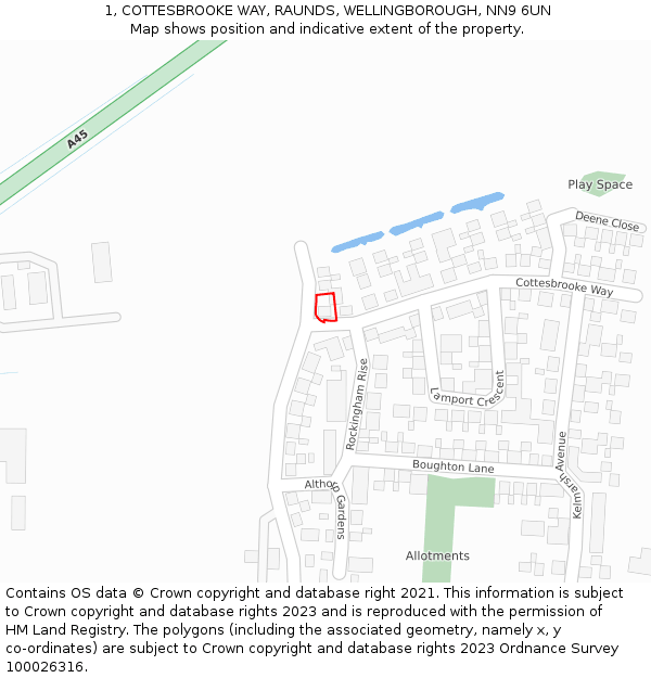 1, COTTESBROOKE WAY, RAUNDS, WELLINGBOROUGH, NN9 6UN: Location map and indicative extent of plot