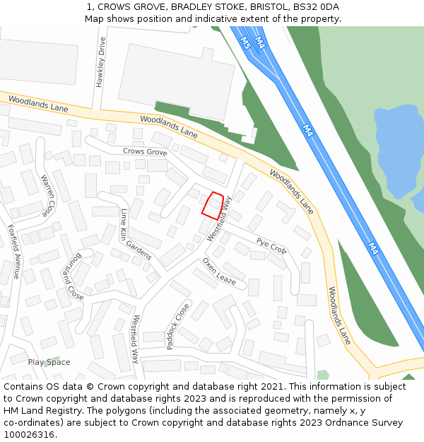 1, CROWS GROVE, BRADLEY STOKE, BRISTOL, BS32 0DA: Location map and indicative extent of plot