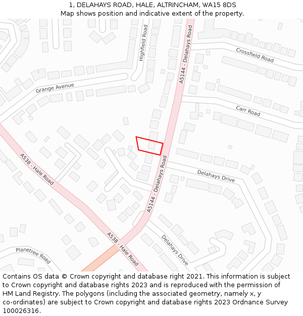 1, DELAHAYS ROAD, HALE, ALTRINCHAM, WA15 8DS: Location map and indicative extent of plot