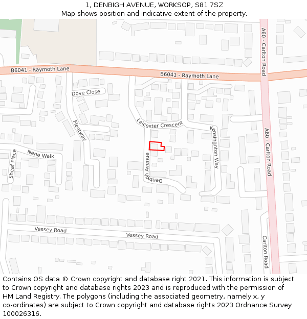 1, DENBIGH AVENUE, WORKSOP, S81 7SZ: Location map and indicative extent of plot