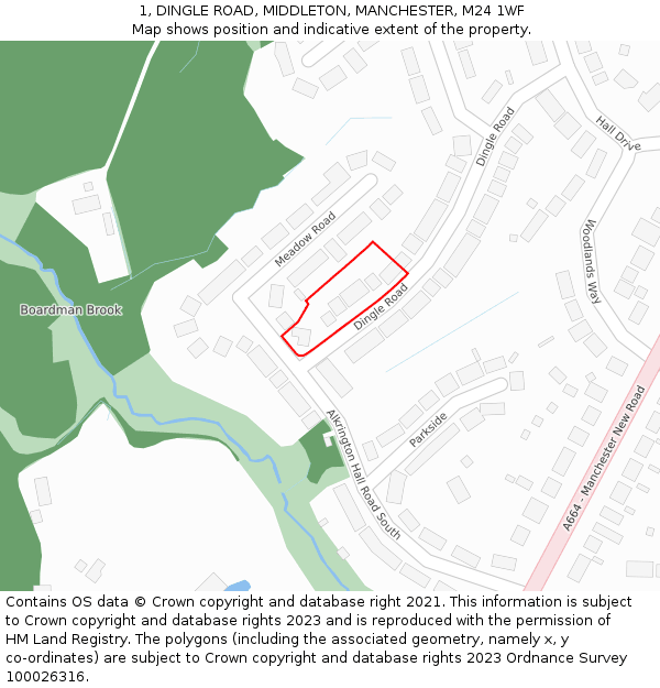 1, DINGLE ROAD, MIDDLETON, MANCHESTER, M24 1WF: Location map and indicative extent of plot