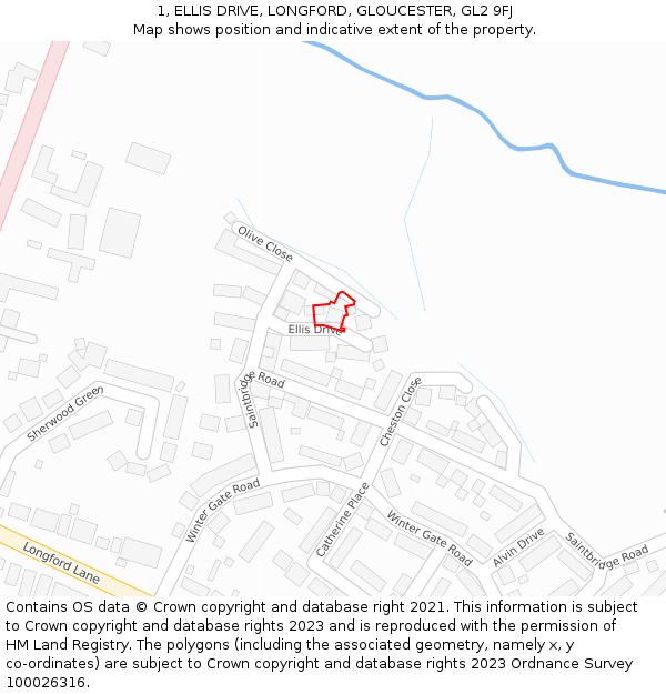 1, ELLIS DRIVE, LONGFORD, GLOUCESTER, GL2 9FJ: Location map and indicative extent of plot