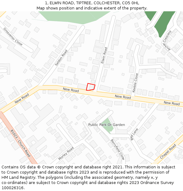 1, ELWIN ROAD, TIPTREE, COLCHESTER, CO5 0HL: Location map and indicative extent of plot