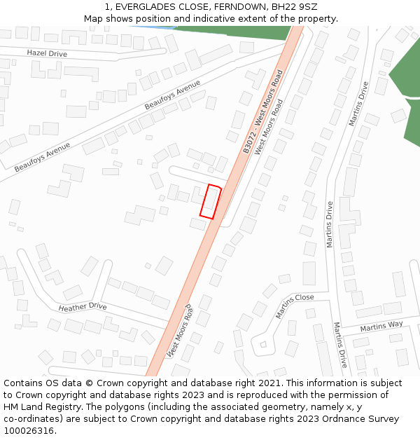 1, EVERGLADES CLOSE, FERNDOWN, BH22 9SZ: Location map and indicative extent of plot