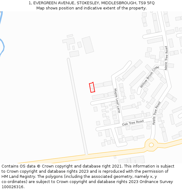 1, EVERGREEN AVENUE, STOKESLEY, MIDDLESBROUGH, TS9 5FQ: Location map and indicative extent of plot