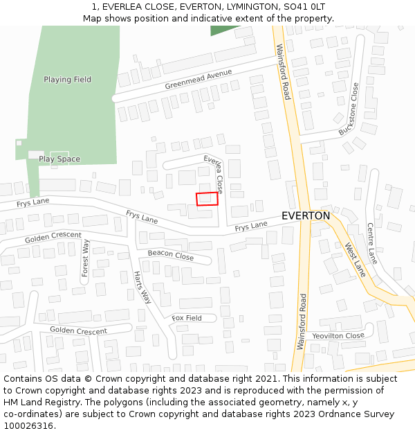 1, EVERLEA CLOSE, EVERTON, LYMINGTON, SO41 0LT: Location map and indicative extent of plot