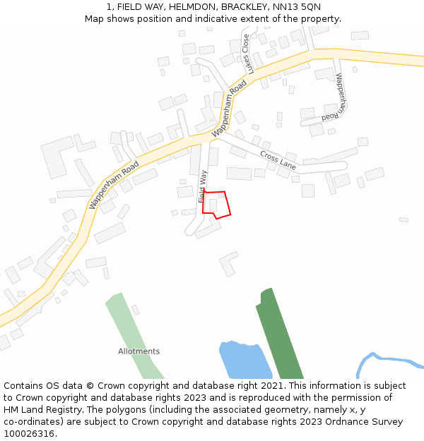 1, FIELD WAY, HELMDON, BRACKLEY, NN13 5QN: Location map and indicative extent of plot