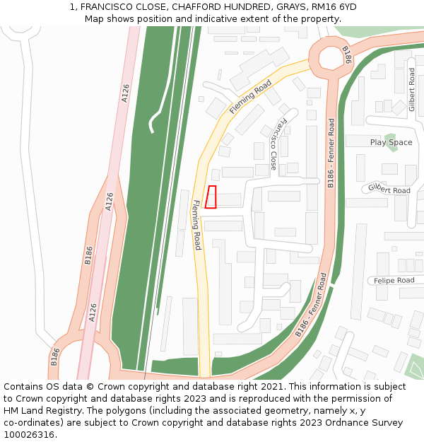 1, FRANCISCO CLOSE, CHAFFORD HUNDRED, GRAYS, RM16 6YD: Location map and indicative extent of plot