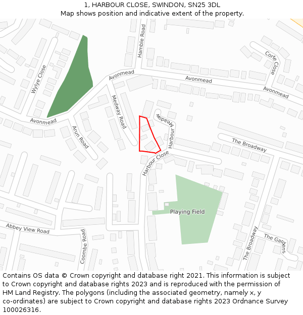 1, HARBOUR CLOSE, SWINDON, SN25 3DL: Location map and indicative extent of plot