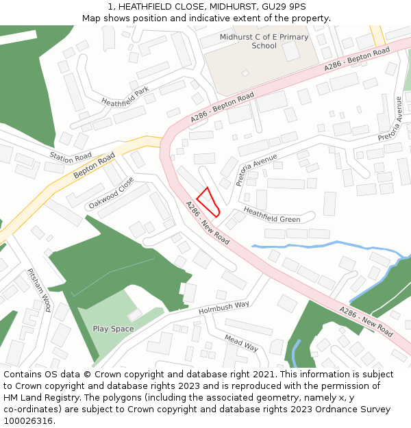 1, HEATHFIELD CLOSE, MIDHURST, GU29 9PS: Location map and indicative extent of plot