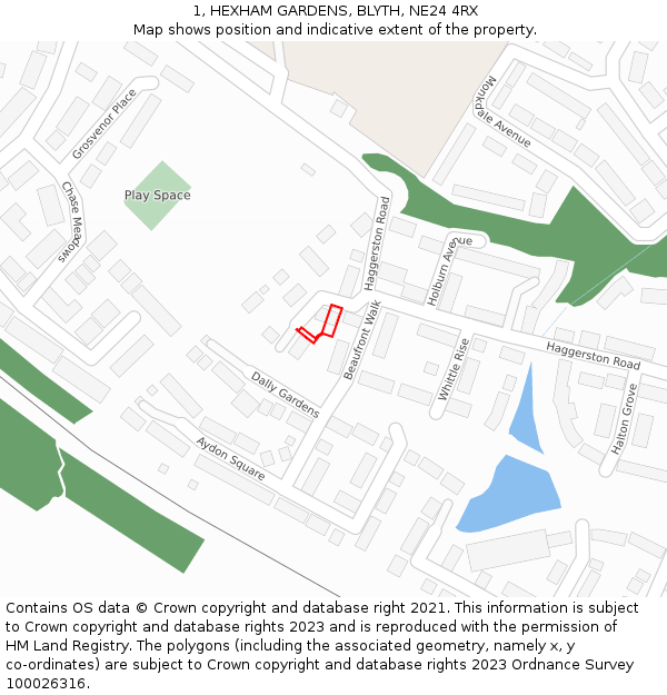 1, HEXHAM GARDENS, BLYTH, NE24 4RX: Location map and indicative extent of plot