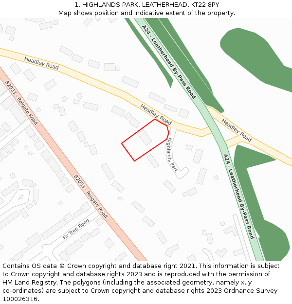 1, HIGHLANDS PARK, LEATHERHEAD, KT22 8PY: Location map and indicative extent of plot