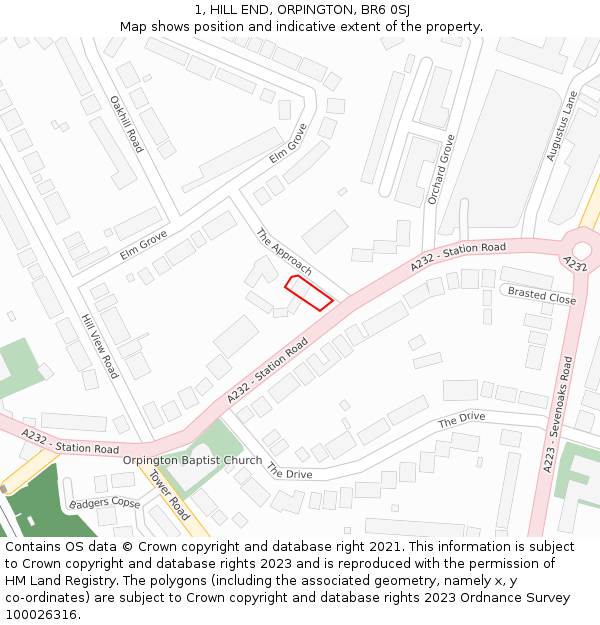 1, HILL END, ORPINGTON, BR6 0SJ: Location map and indicative extent of plot