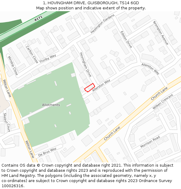 1, HOVINGHAM DRIVE, GUISBOROUGH, TS14 6GD: Location map and indicative extent of plot