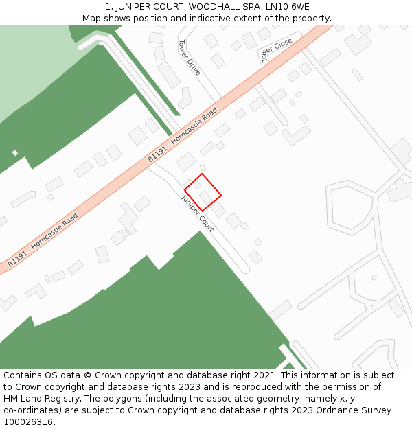 1, JUNIPER COURT, WOODHALL SPA, LN10 6WE: Location map and indicative extent of plot