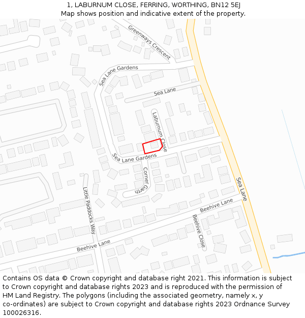 1, LABURNUM CLOSE, FERRING, WORTHING, BN12 5EJ: Location map and indicative extent of plot