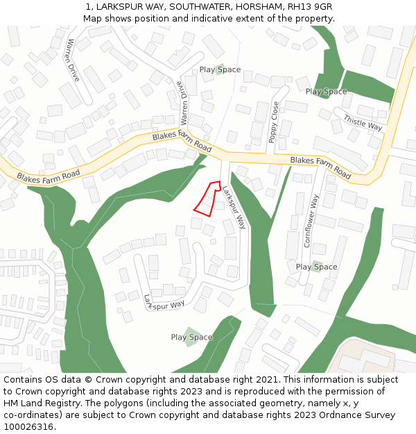 1, LARKSPUR WAY, SOUTHWATER, HORSHAM, RH13 9GR: Location map and indicative extent of plot