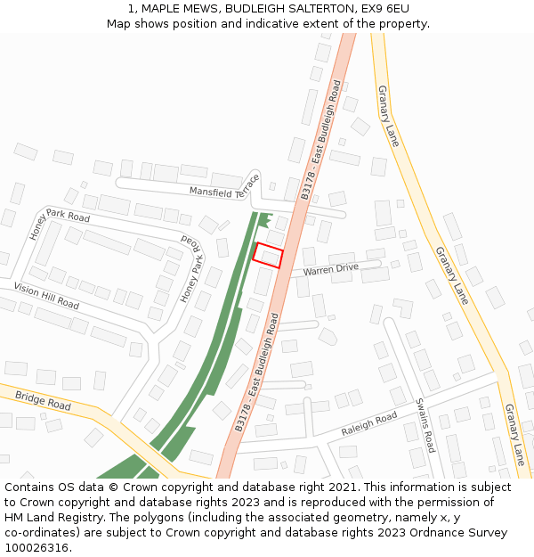 1, MAPLE MEWS, BUDLEIGH SALTERTON, EX9 6EU: Location map and indicative extent of plot