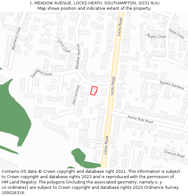 1, MEADOW AVENUE, LOCKS HEATH, SOUTHAMPTON, SO31 6UU: Location map and indicative extent of plot